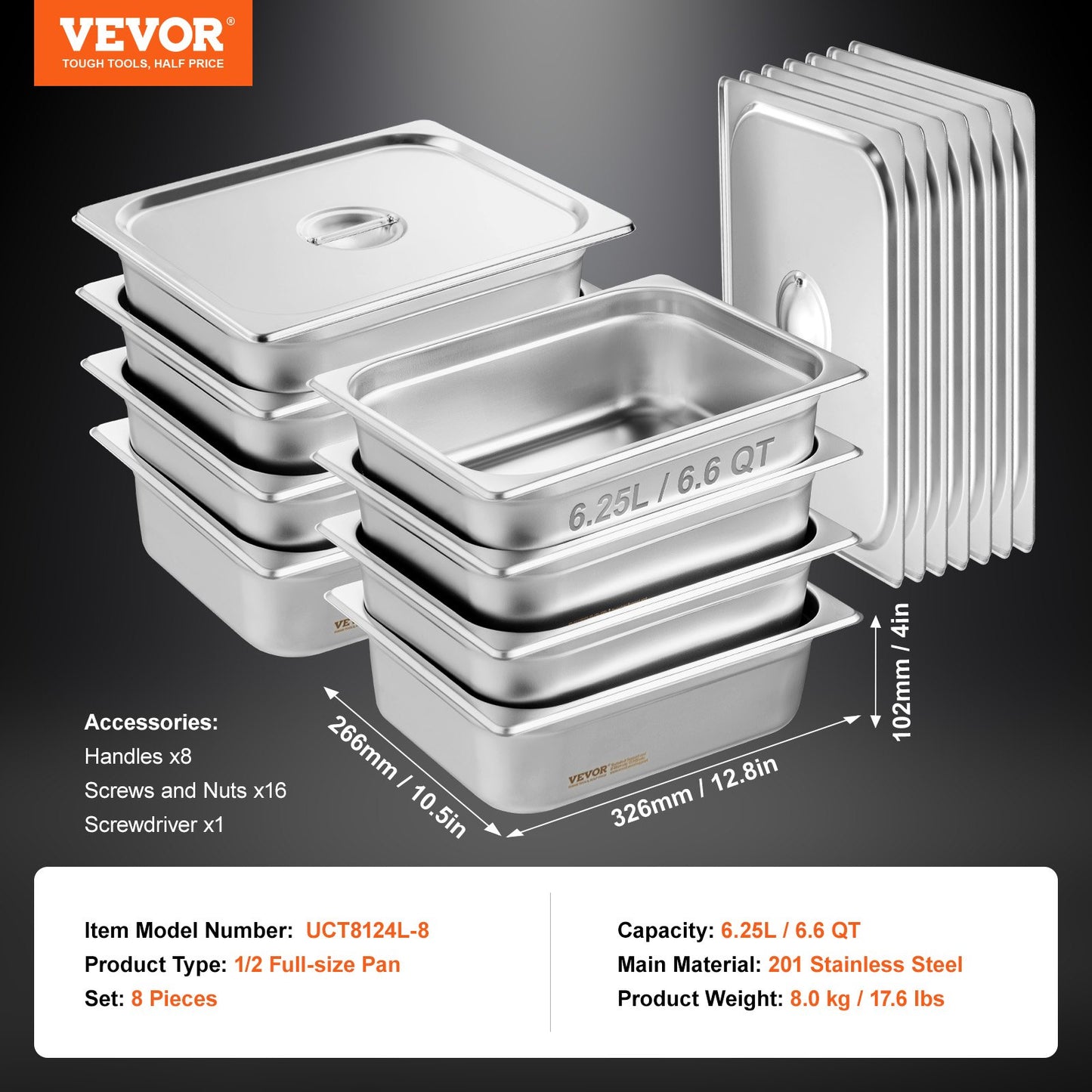 8 Pack Hotel Pans, 1/2 Size Anti-Jam Steam Pan with Lid, 0.8mm Thick Stainless Steel Steam Table Pan, 4-Inch Deep Commercial Table Pan, Catering Storage Food Pan, for Industrial & Scientific