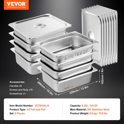 8 Pack Hotel Pans, 1/2 Size Anti-Jam Steam Pan with Lid, 0.8mm Thick Stainless Steel Steam Table Pan, 4-Inch Deep Commercial Table Pan, Catering Storage Food Pan, for Industrial & Scientific