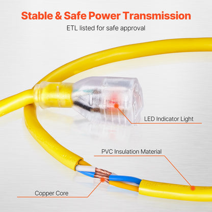 100FT Heavy Duty Extension Cord, 12AWG 15Amps 1875W, 3 Prongs Indoor Outdoor Electric Cord with Lighted End, Flexible & -40°C Cold-Resistant for Lawn, Garage, Home Use, ETL Listed
