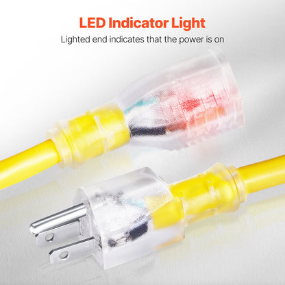 100FT Heavy Duty Extension Cord, 12AWG 15Amps 1875W, 3 Prongs Indoor Outdoor Electric Cord with Lighted End, Flexible & -40°C Cold-Resistant for Lawn, Garage, Home Use, ETL Listed