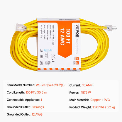 100FT Heavy Duty Extension Cord, 12AWG 15Amps 1875W, 3 Prongs Indoor Outdoor Electric Cord with Lighted End, Flexible & -40°C Cold-Resistant for Lawn, Garage, Home Use, ETL Listed