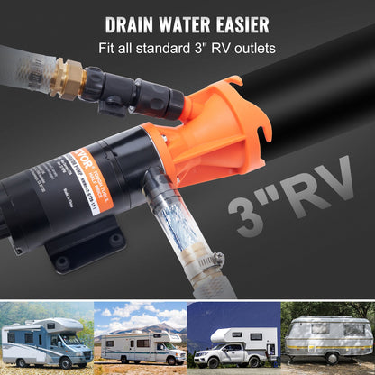 RV Portable Macerator Pump, 12V, 12GMP Quick Release RV Waste Pump, RV Sewage Sewer Pump with Detachable Quick Connection Valve Metal Hose Clamp Power Cord, for RV Boat Marine Motorhome Camper