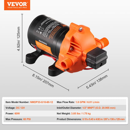 12V membranpump 1,8GPM 6,81 L/min 3-kammar vattenpump tryckbrytare