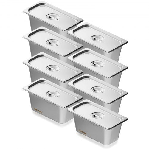 8 Pack Hotel Pans, 1/3 Size Anti-Jam Steam Pan with Lid, 0.8mm Thick Stainless Steel Steam Table Pan, 6-Inch Deep Commercial Table Pan, Catering Storage Food Pan, for Industrial & Scientific