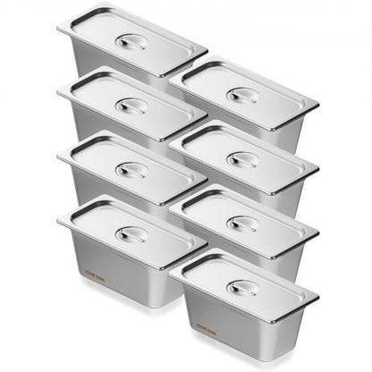 8 Pack Hotel Pans, 1/3 Size Anti-Jam Steam Pan with Lid, 0.8mm Thick Stainless Steel Steam Table Pan, 6-Inch Deep Commercial Table Pan, Catering Storage Food Pan, for Industrial & Scientific