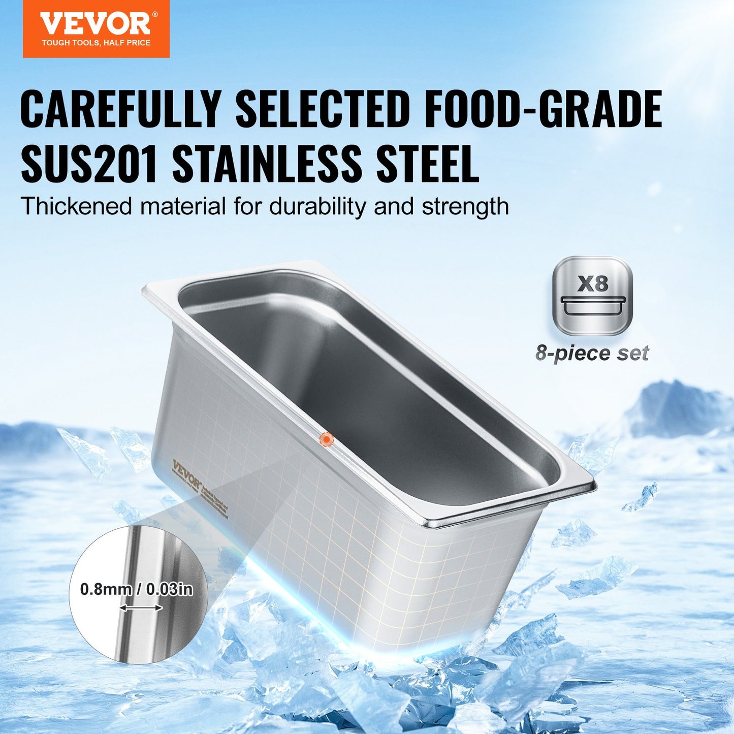 8-pack 1/3 size Hotel Pans Steamer Table Pan Stainless Steel 6" Deep Lid