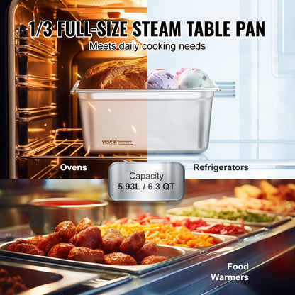 8-pack 1/3 size Hotel Pans Steamer Table Pan Stainless Steel 6" Deep Lid