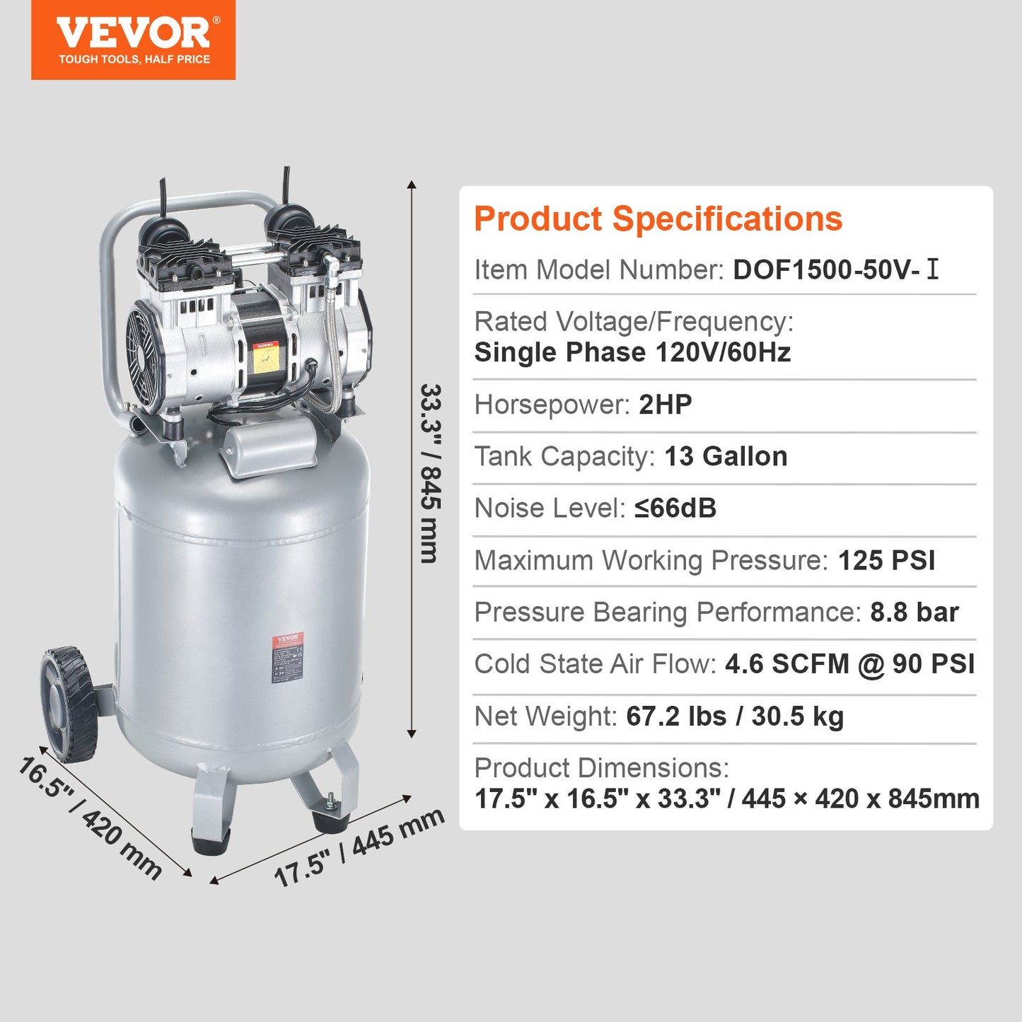 13 Gallon Air Compressor, 2HP 4.6 SCFM@90PSI Oil Free Air Compressor Tank, 66dB Ultra-Quiet Compressor for Tire Inflation, Auto Repair, Woodwork Nailing, Spray Painting (125PSI Max Pressure)