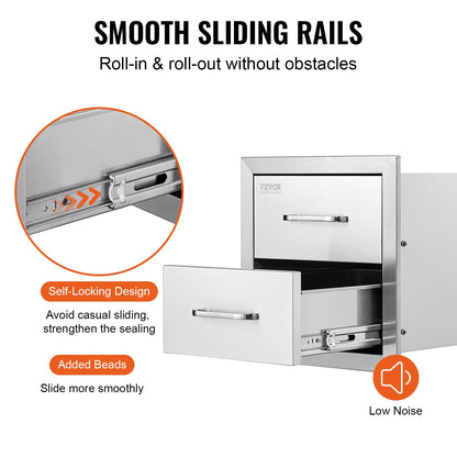 Outdoor Kitchen Drawers 14W x 14.4H x 23D Inch, Flush Mount Double BBQ Drawers Stainless Steel with Handle, BBQ Island Drawers for Outdoor Kitchens or Grill Station