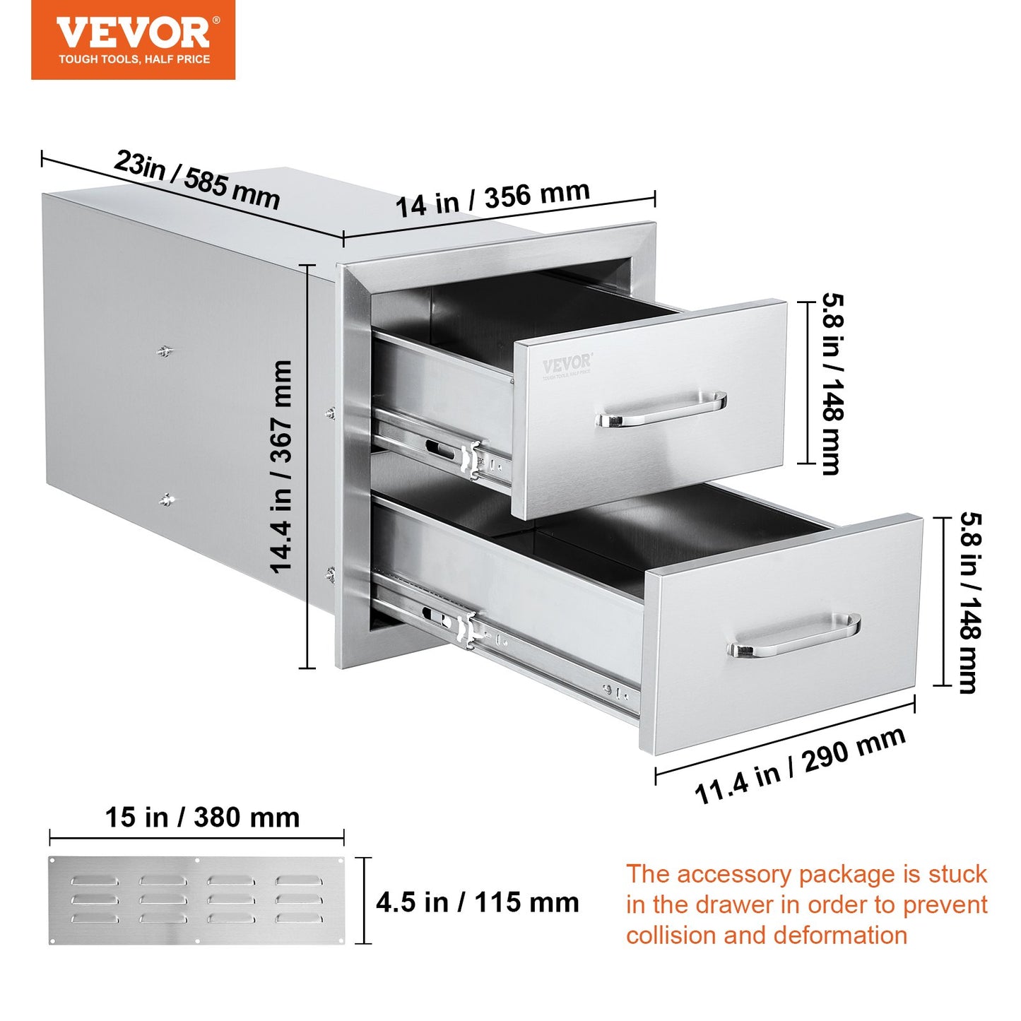 Outdoor Kitchen Drawers 14W x 14.4H x 23D Inch, Flush Mount Double BBQ Drawers Stainless Steel with Handle, BBQ Island Drawers for Outdoor Kitchens or Grill Station