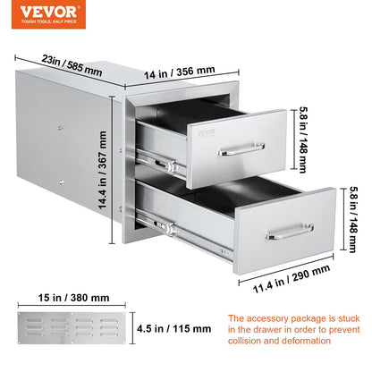 Outdoor Kitchen Drawers 14W x 14.4H x 23D Inch, Flush Mount Double BBQ Drawers Stainless Steel with Handle, BBQ Island Drawers for Outdoor Kitchens or Grill Station