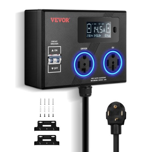 NEMA Splitter for Dryer and EV, 3-Color LED Indicator, 240V Smart Power Distribution, With NEMA 14-30 Plug, NEMA 14-30 & NEMA 14-50 Outlets, Large 3.4-Inch LCD Screen, for Max 24A Dryer or EV