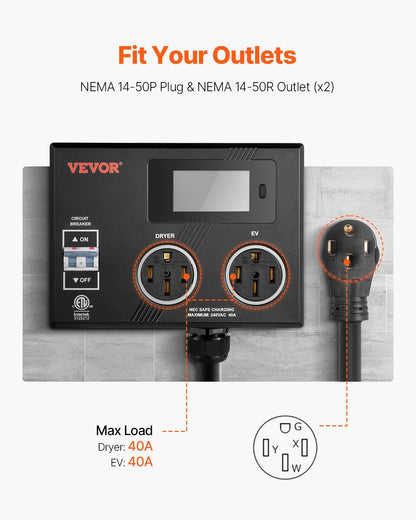 NEMA Splitter for Dryer and EV, 3-Color LED Indicator, 240V Smart Power Distribution, With NEMA 14-50 Plug, Two NEMA 14-50 Outlets, 3.4 in LCD Screen, Max 40A Dryer EV, Tested to ETL Standard