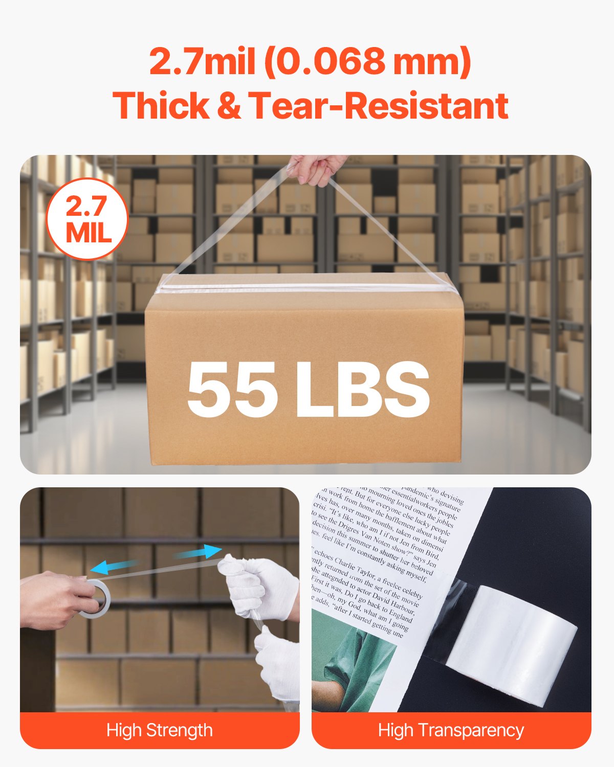 Packtejp 6 rullar 25 yards klar frakttejp med dispenser 2,7 mil