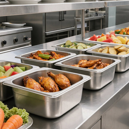 6 Pack Stainless Steam Hotel Pans, 1/6 Size Table Steam Pan, 4 Inch Deep, Anti Jam Restaurant Supplies Reusable Rustproof Catering Storage for Home, Party, Restaurant, Hotel, Buffet