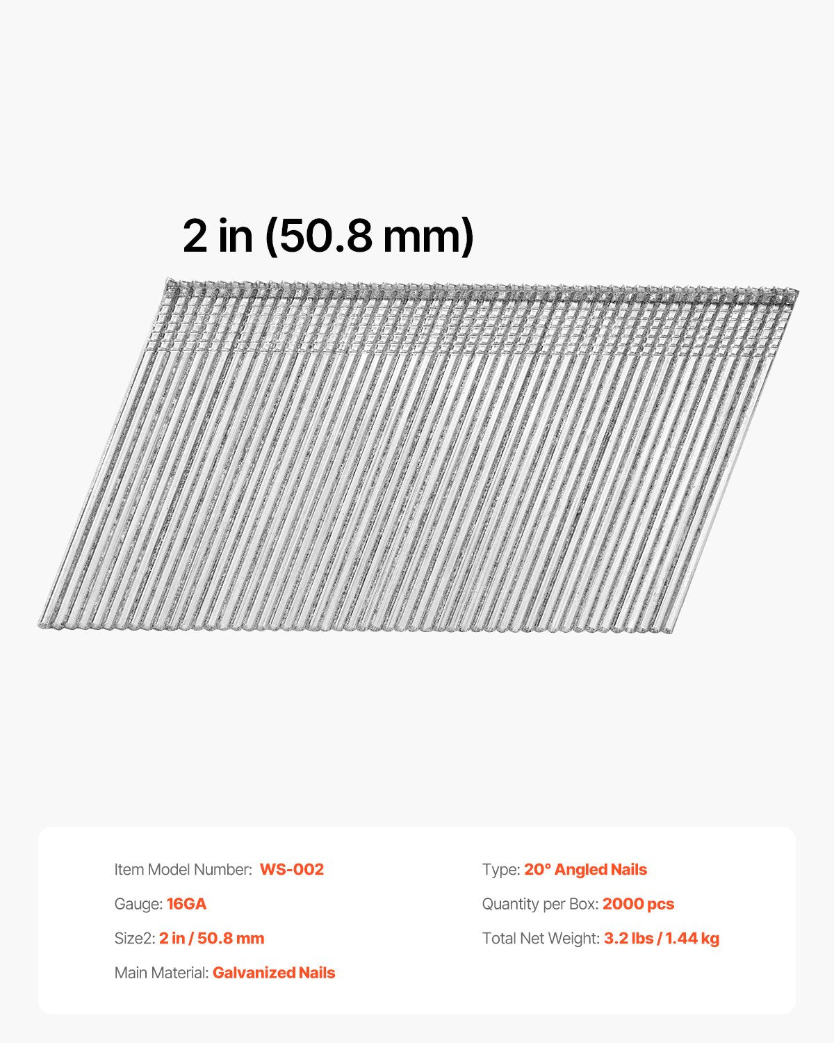 16 Gauge Finish Nails, 2 in Angled Finishing Nails, 2000-Count Galvanized Finishing Nail, 20-Degree Heavy-Duty Brad Nail with Galvanized Anti-Rust Process, for 16GA 20° Angled Finish Nailers