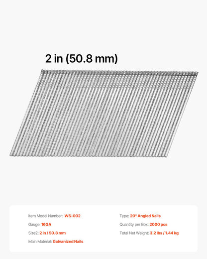 16 Gauge Finish Nails, 2 in Angled Finishing Nails, 2000-Count Galvanized Finishing Nail, 20-Degree Heavy-Duty Brad Nail with Galvanized Anti-Rust Process, for 16GA 20° Angled Finish Nailers