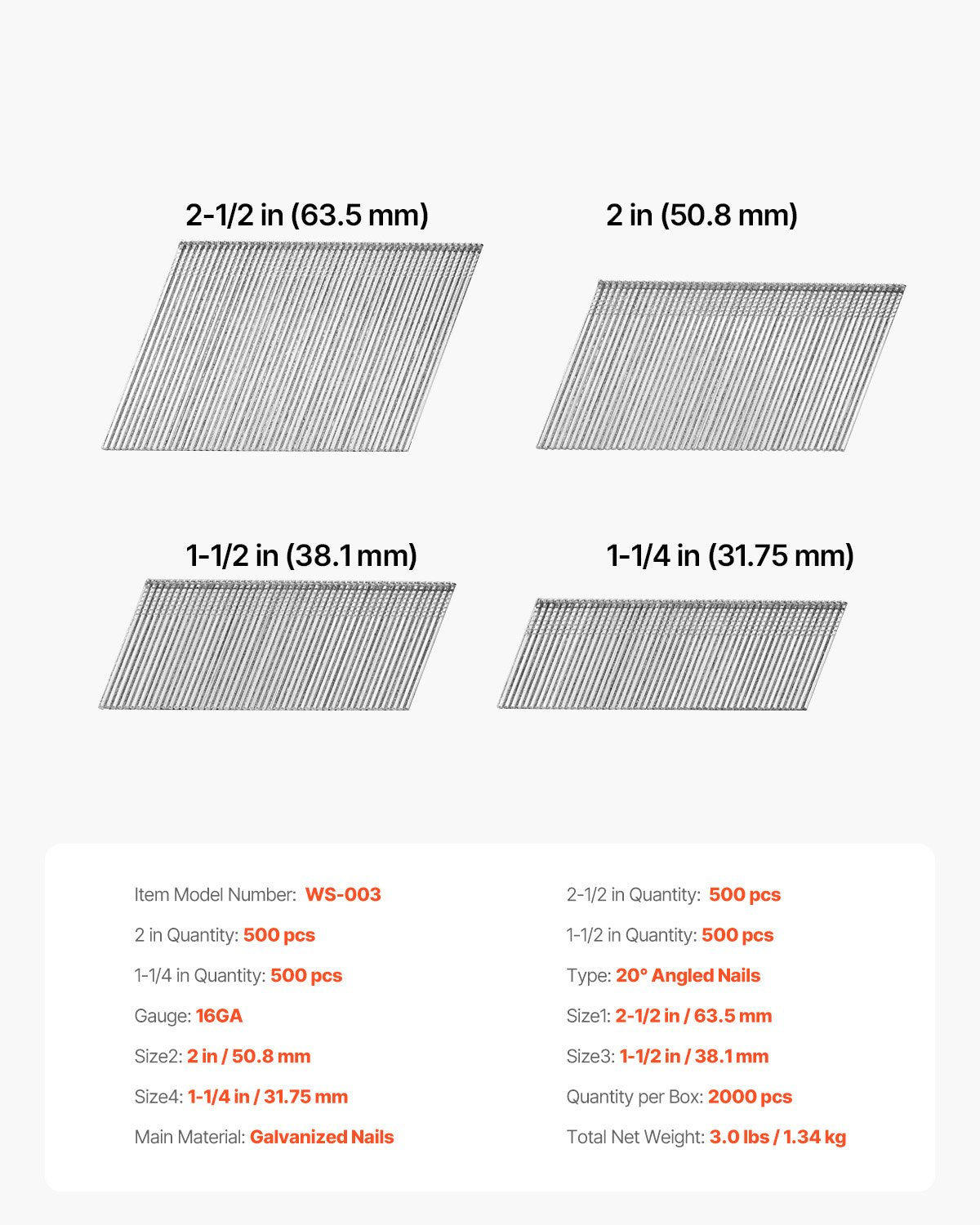 16 Gauge Finish Nails, 20-Degree Angled Finishing Nails, 2000-Count (2-1/2 in, 2 in, 1-1/2 in, 1-1/4 in, 500 Per Size) Finishing Nail, Galvanized Brad Nail, for 16GA 20° Angled Finish Nailers