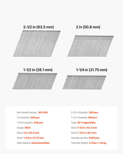 16 Gauge Finish Nails, 20-Degree Angled Finishing Nails, 2000-Count (2-1/2 in, 2 in, 1-1/2 in, 1-1/4 in, 500 Per Size) Finishing Nail, Galvanized Brad Nail, for 16GA 20° Angled Finish Nailers