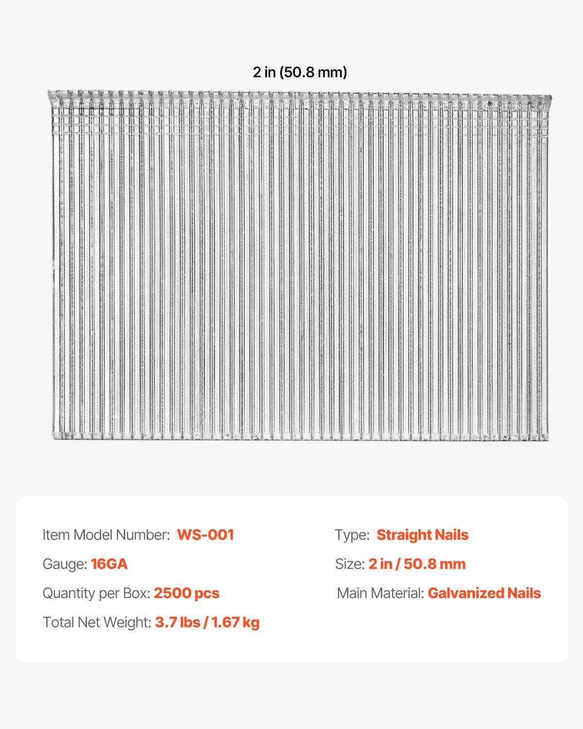 16 Gauge Finish Nails, 2 in Straight Finishing Nails, 2500-Count Galvanized Finishing Nail, Heavy-Duty 16 GA Brad Nail with Galvanized Anti-Rust Process, for Most 16GA Straight Finish Nailers