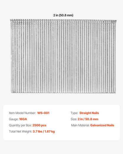 16 Gauge Finish Nails, 2 in Straight Finishing Nails, 2500-Count Galvanized Finishing Nail, Heavy-Duty 16 GA Brad Nail with Galvanized Anti-Rust Process, for Most 16GA Straight Finish Nailers