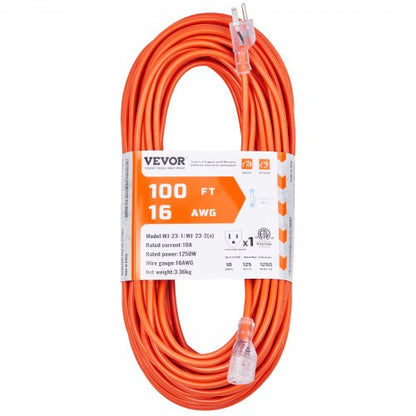 100FT Indoor Outdoor Extension Cord, 16AWG 10Amps 1250W, 3 Prongs Appliance Electric Cord with Lighted End, Flexible & -40°C Cold-Resistant for Office Home Use, ETL Listed
