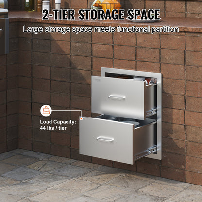 Outdoor Kitchen Drawers 17.8W x 20.2H x 12.2D Inch, Flush Mount Double BBQ Drawers Stainless Steel with Handle, BBQ Island Drawers for Outdoor Kitchens or Patio Grill Station