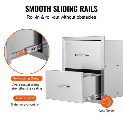 Outdoor Kitchen Drawers 17.8W x 20.2H x 12.2D Inch, Flush Mount Double BBQ Drawers Stainless Steel with Handle, BBQ Island Drawers for Outdoor Kitchens or Patio Grill Station