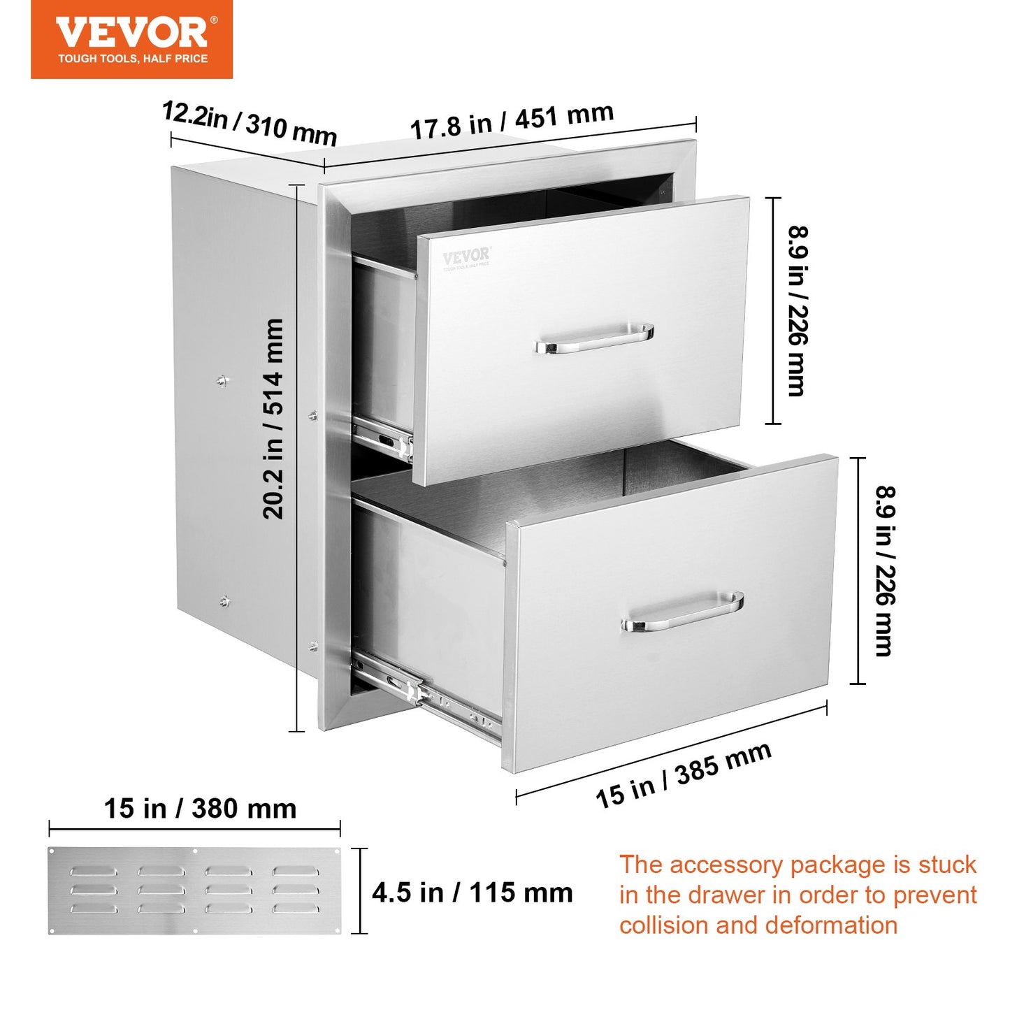 Outdoor Kitchen Drawers 17.8W x 20.2H x 12.2D Inch, Flush Mount Double BBQ Drawers Stainless Steel with Handle, BBQ Island Drawers for Outdoor Kitchens or Patio Grill Station