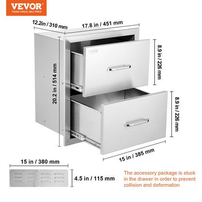 Outdoor Kitchen Drawers 17.8W x 20.2H x 12.2D Inch, Flush Mount Double BBQ Drawers Stainless Steel with Handle, BBQ Island Drawers for Outdoor Kitchens or Patio Grill Station