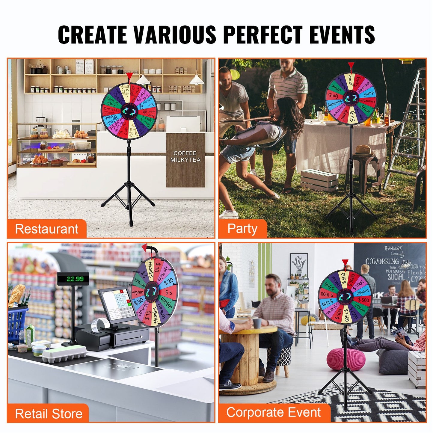 18” Prize Wheel Stand Floor Stand Color Prize Wheel Fortune Spinner 14 Seats Dry Ease Tradeshow Fortune Spinning Game (18 inch)