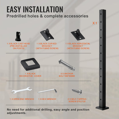 Cable Railing Post 42x2x2in 30° Angled Hole Stair Railing Post Black 1pc