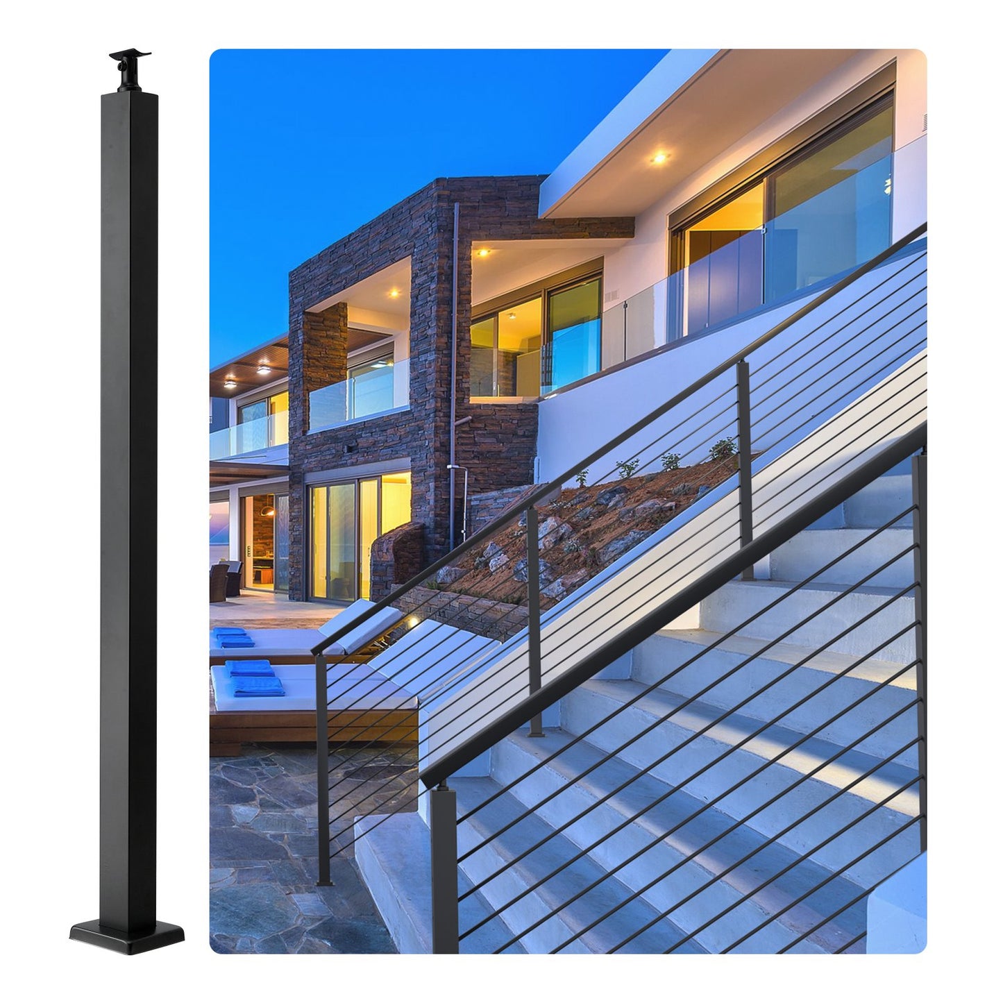 Cable railing post 36x2x2in steel railing post without holes 1-pack black
