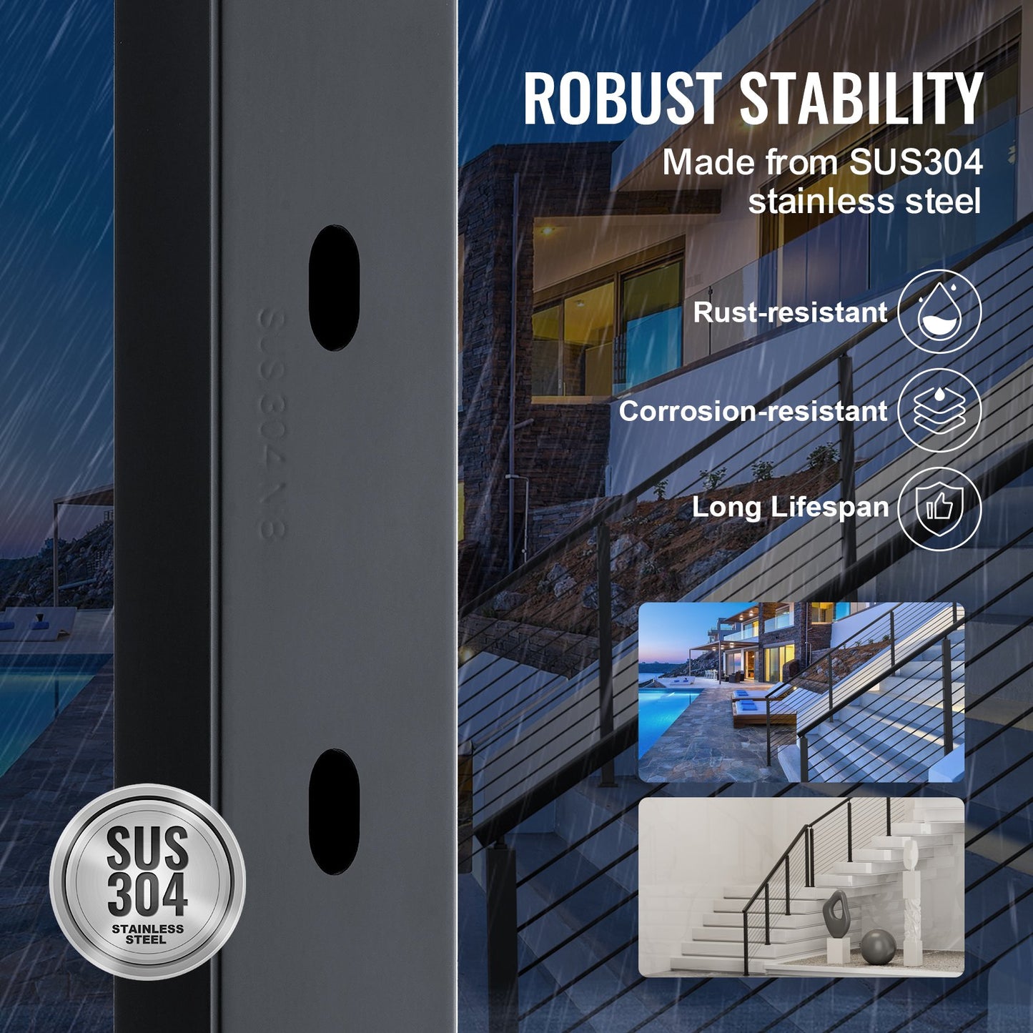 Cable Railing Post 36x2x2in 30° Angled Hole Stair Railing Post Black 1pc