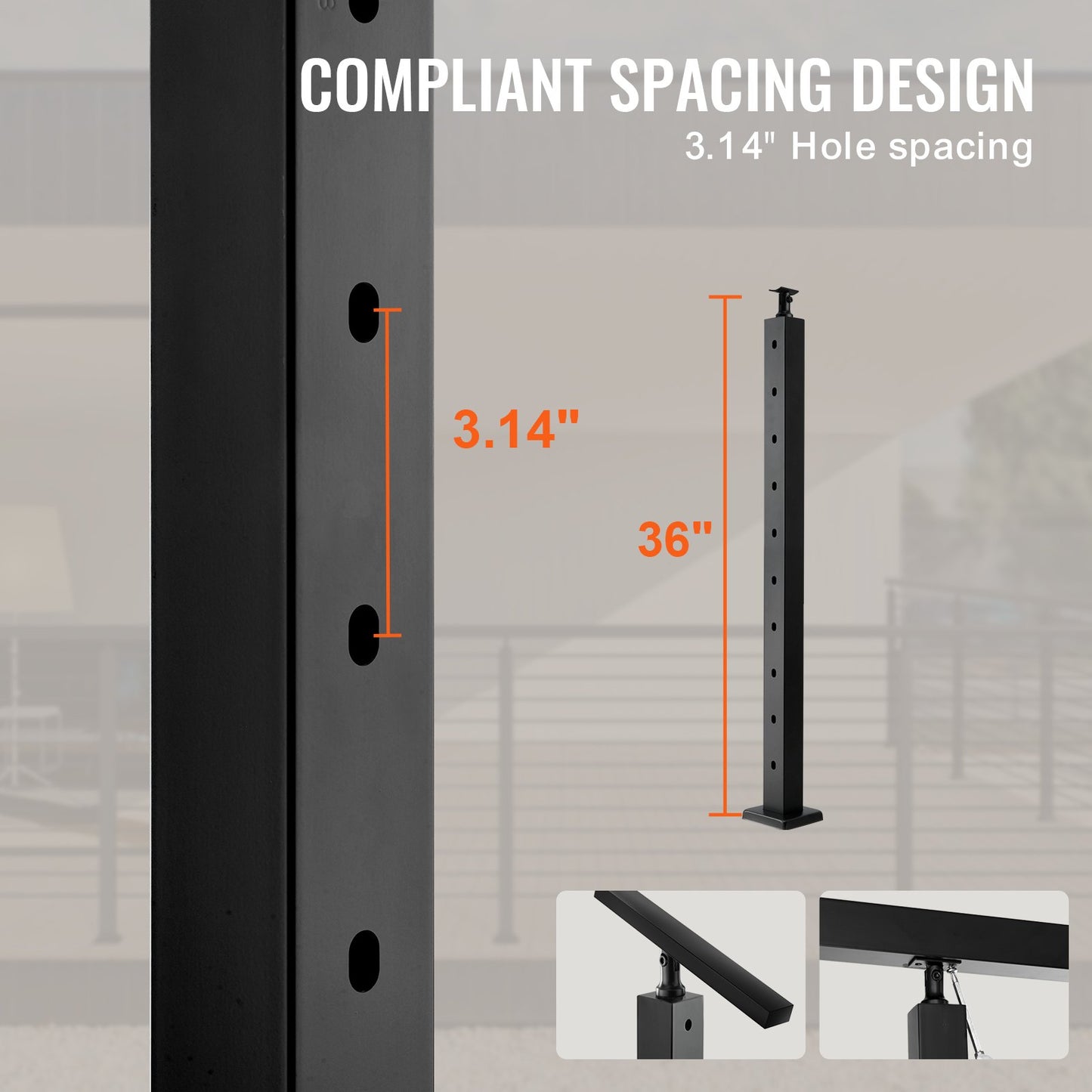 Cable Railing Post 36x2x2in 30° Angled Hole Stair Railing Post Black 1pc