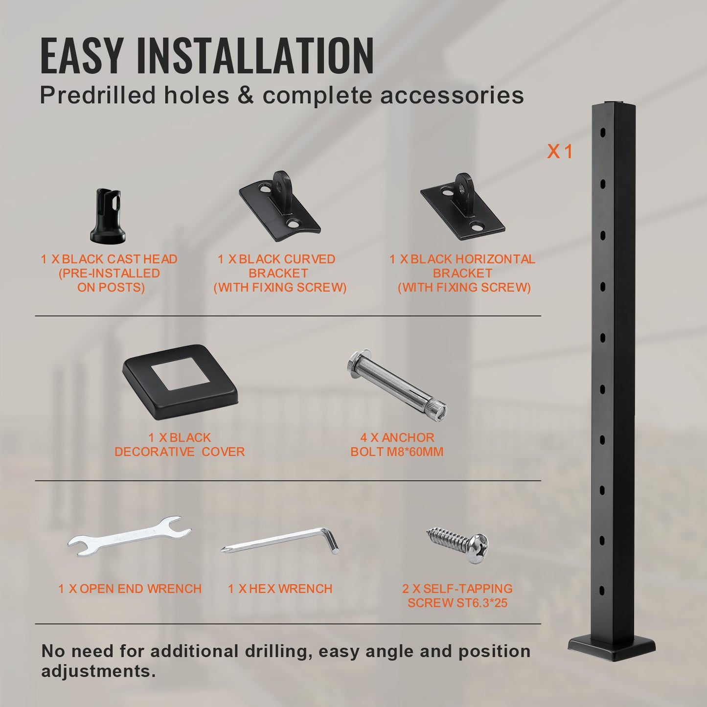 Cable Railing Post 36x2x2in 30° Angled Hole Stair Railing Post Black 1pc