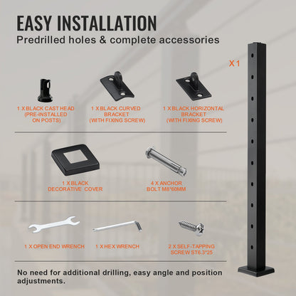 Cable Railing Post 36x2x2in 30° Angled Hole Stair Railing Post Black 1pc