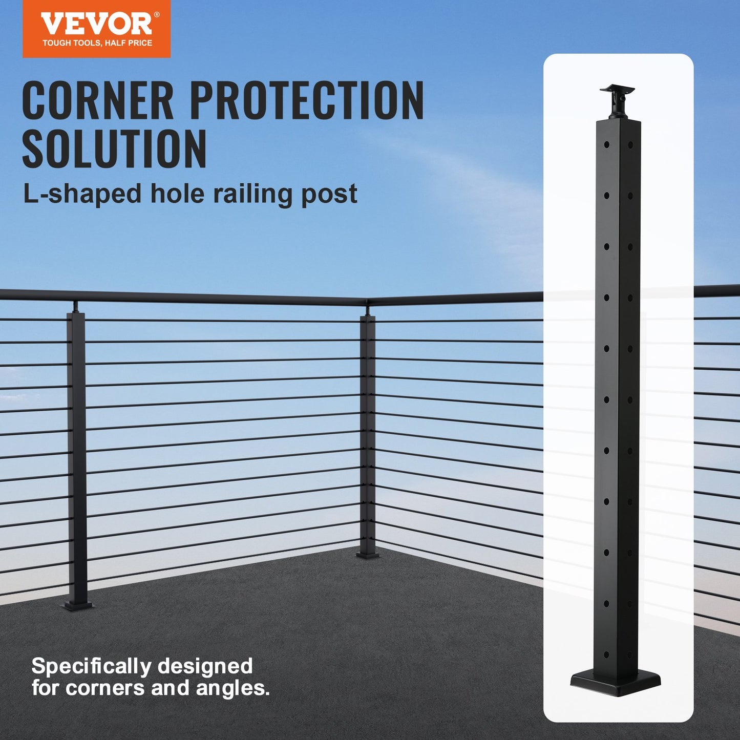 Cable Railing Post 36x2x2in L-Shaped Hole Corner Railing Post Black 1pc