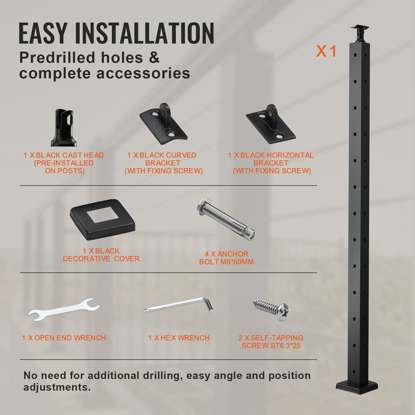 Cable Railing Post 42x1x2in L-Shaped Hole Corner Railing Post Black 1pc