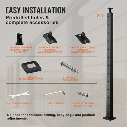 Cable Railing Post 42x1x2in L-Shaped Hole Corner Railing Post Black 1pc