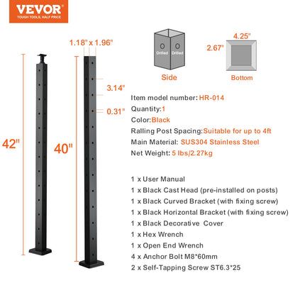Cable Railing Post 42x1x2in L-Shaped Hole Corner Railing Post Black 1pc