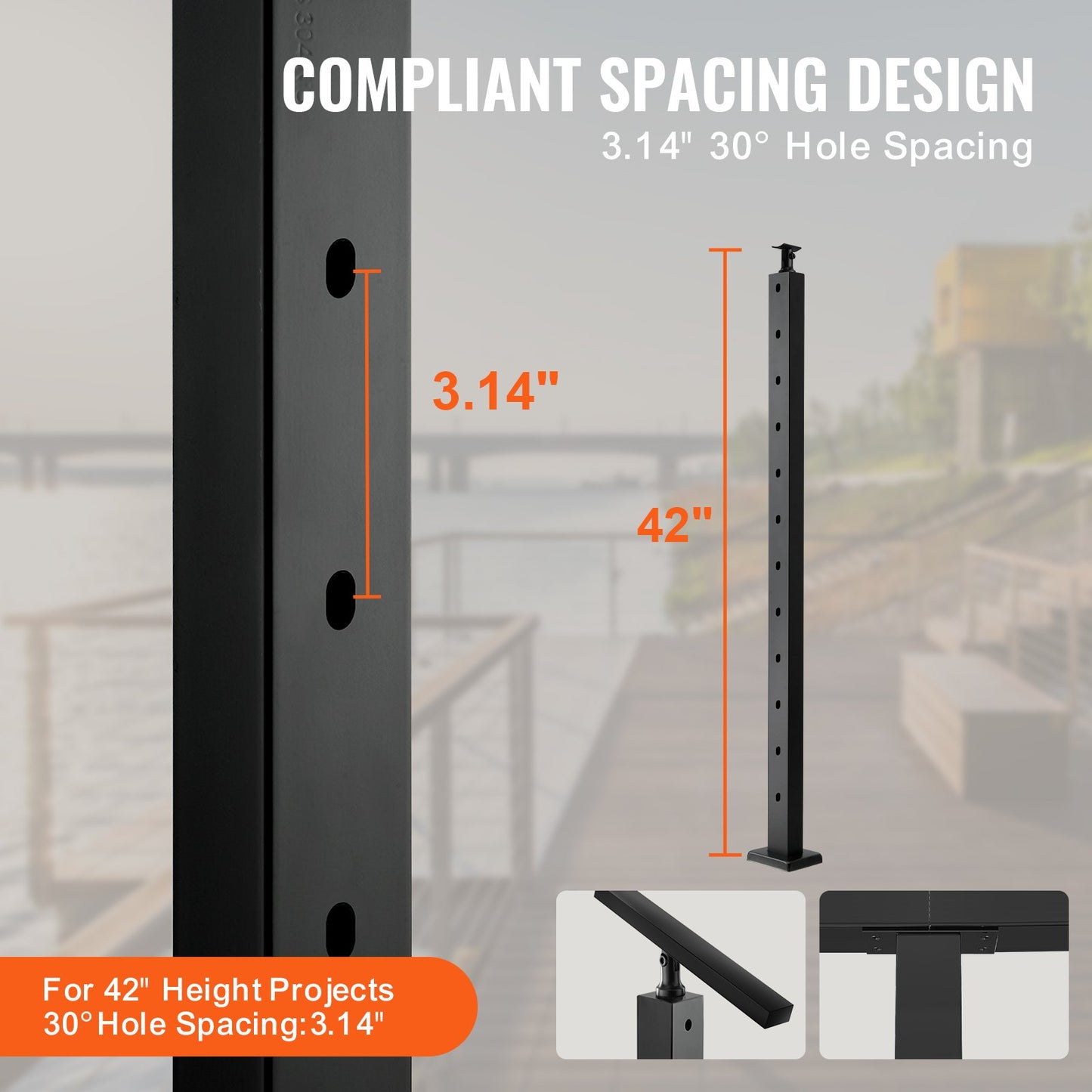 Cable Railing Post 42x1x2in 30° Angled Hole Stair Railing Post Black 1pc