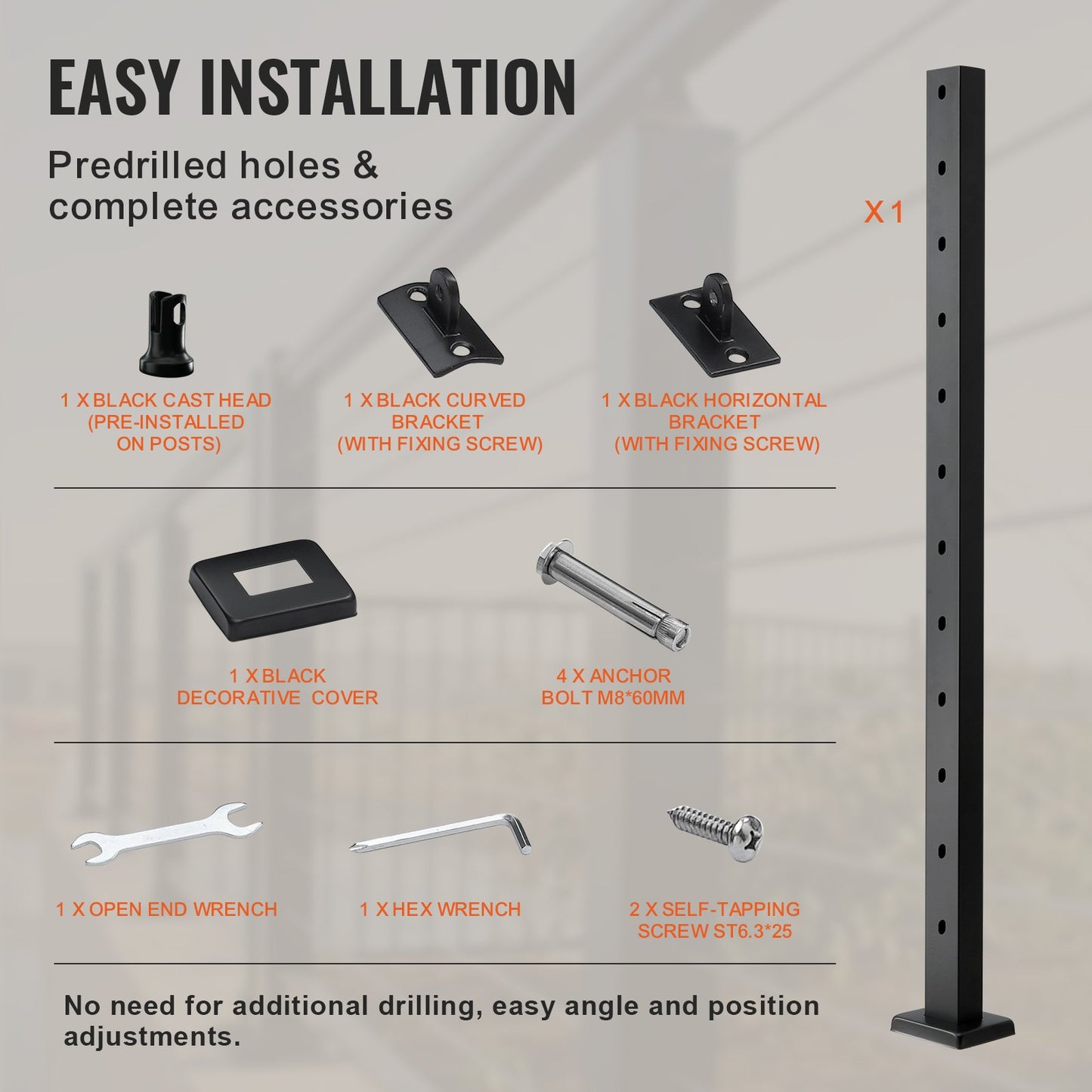 Cable Railing Post 42x1x2in 30° Angled Hole Stair Railing Post Black 1pc
