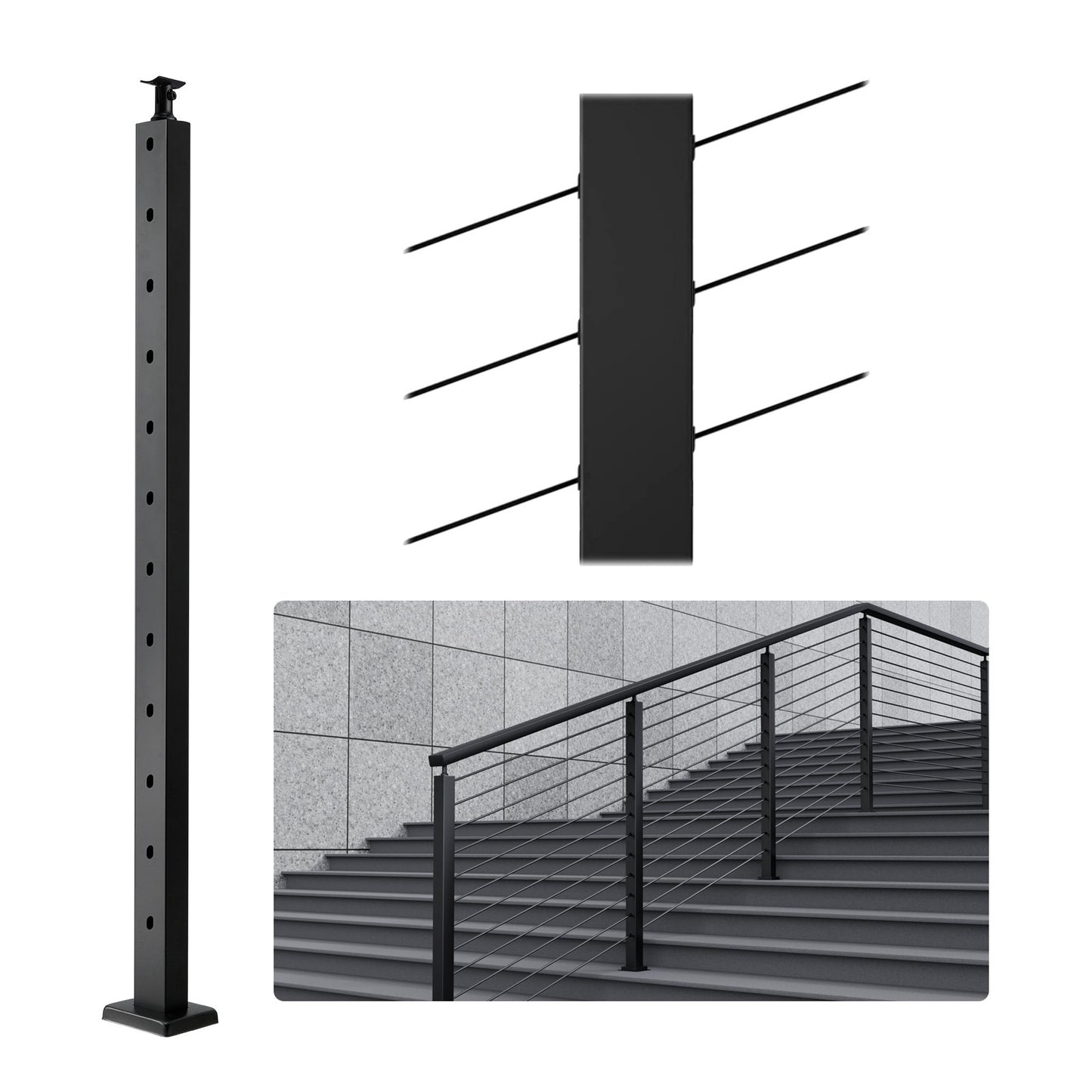 Cable Railing Post 42x1x2in 30° Angled Hole Stair Railing Post Black 1pc