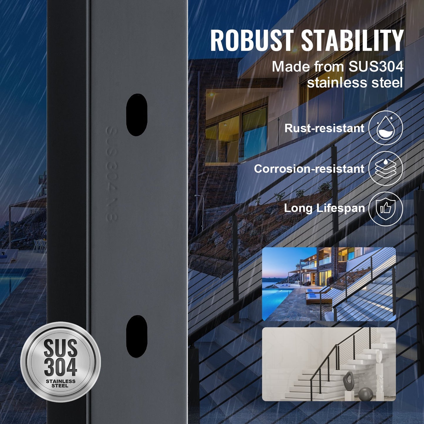 Cable Railing Post 36x1x2in 30° Angled Hole Stair Railing Post Black 1pc