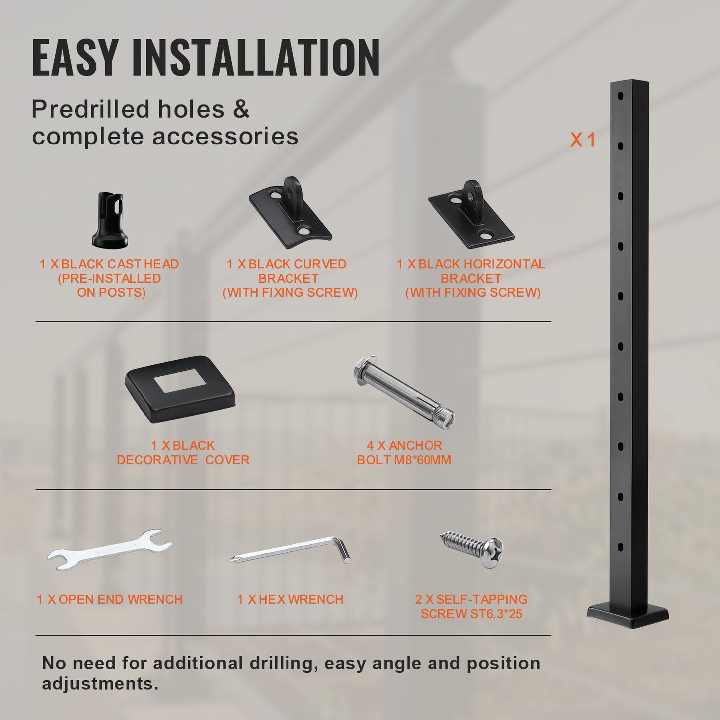 Cable Railing Post 36x1x2in 30° Angled Hole Stair Railing Post Black 1pc
