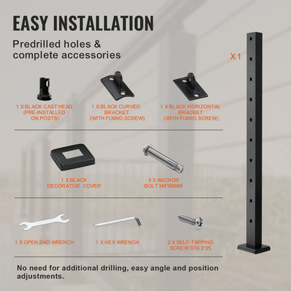 Cable Railing Post 36x1x2in 30° Angled Hole Stair Railing Post Black 1pc