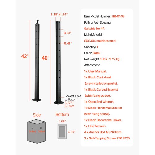 VEVRO Kabelgeländerpfosten 42x1x2 Zoll mit L-förmigen Löchern 1JZLGZXHS10607YXO001V0 | EU