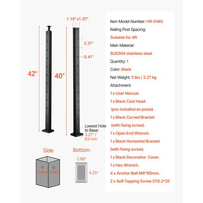VEVRO Kabelgeländerpfosten 42x1x2 Zoll mit L-förmigen Löchern 1JZLGZXHS10607YXO001V0 | EU