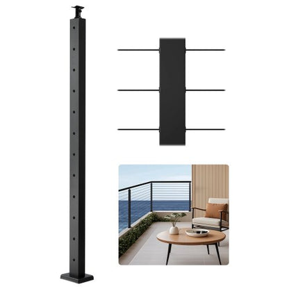 Cable Railing Post, 42x2x2 Inch Level Deck Stair Posts, 1-Pack Stainless Steel Cable Handrail Post, Pre-Drilled Pickets with Mounting Bracket Stair Railing Kit, Black, 1JZLGZXHS106AWJO6001V0